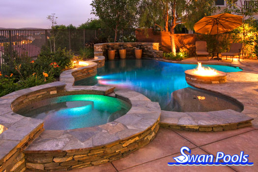 Swimming pool and spa party time with this complete swimming pool construction and entertainment area.