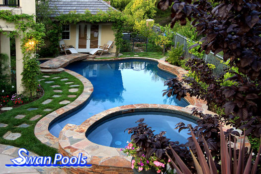 Award winning swimming pool and spa construction designed for elegant relaxation in your very own cottage in the wood.